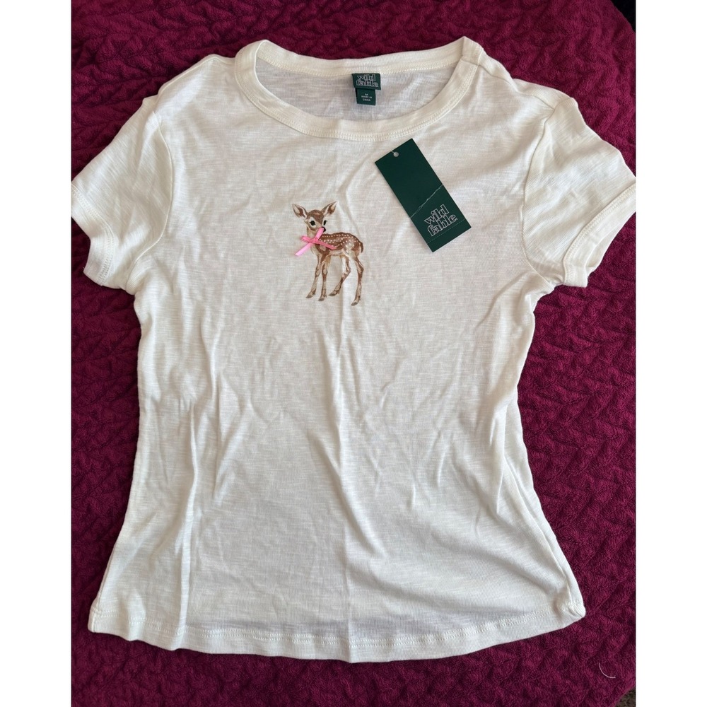 Wild Fable Kids Off White Embroidered Deer Fawn Ribbon Tee Shirt Size Medium NWT